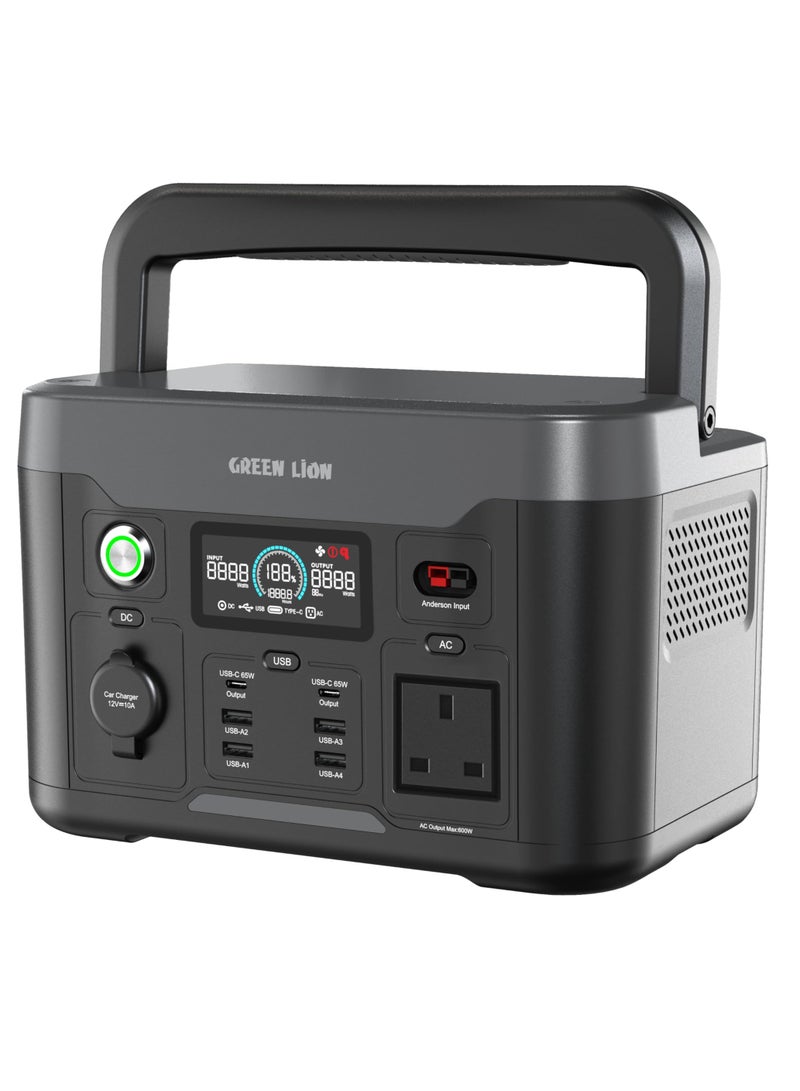 GREEN LION Portable Power Station, Power Generator with 307.2Wh 96000mAh 600W (LiFePO4) Battery Capacity, Solar Generator, Wireless Output 10W, Total Output 910W Max, USB Type-C PD 65W Fast Charging, 240W Solar Input, 300W AC Input -  Black - Image 1